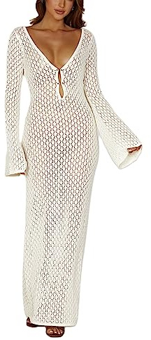 Dam genomskinlig stickad lång klänning långärmad virkad maxi bodycon klänning rygglös strand bikini täcka upp klänningar, Ad vit v-hals, M