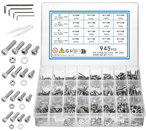 KOXXIAMOQ 945 Stück Zylinderschrauben mit Innensechskant Schrauben mit Muttern Set, M2 M3 M4 M5 Schrauben Set, Edelstahl Maschinenschrauben, Gewindeschrauben mit Muttern und Unterlegscheiben Set (945)