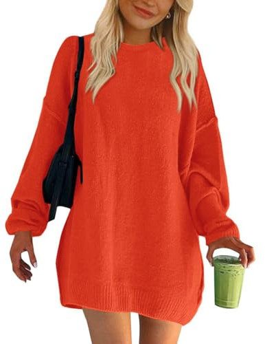 shownicer Robe Pull Femme Hiver Tricotée Col Rond Grande Taille Manche Longue Oversized Couleur Unie Mini Robe Casual Robe en Tricot Mi-Longue Décontracté Robe De Soirée A Orange XL