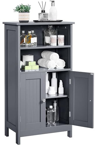 Yaheetech Badrumsskåp, underskåp badrumsskåp med dubbeldörr och 2 öppna förvaringsfack, badrumshylla, badrumsbyrå med justerbar hylla, mörkgrå, 50 x 30 x 92,5 cm