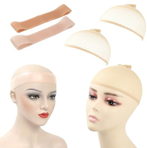 4 Stück Perückenband Perückennetz Set, Perücke Griff Rutschfestes, Haarnetz für Perücken, Nahtlose Stirnband Elastisch Haarnetz, Atmungsaktive, Stirnband Damen für Perücke Sport Yoga (Set)