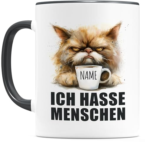 Ich hasse Menschen Katze Tasse personalisiert mit Namen Katzentasse lustige Kaffeetasse mit Katzenmotiv & Spruch Keramiktasse 330ml