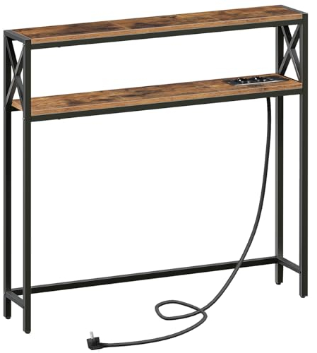 MAHANCRIS Mesa de Entrada Doble de 100 cm, Table Console con 2 Enchufes y 2 Puertos USB, Consola Auxiliar Pequeña, Mesa para Pasillo con Estantes, para Pasillo, Vestíbulo Marrón ACTHR115UE01