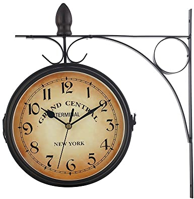 LUOYAOB Retro Bahnhofsuhr Hängende doppelseitige Uhr, Retro -Bahnhofsuhr, klassisches Schmiedeeisen Zwei Gesichter Wand Hängende Uhr for Wohnzimmer Schlafzimmer oder Außenterrasse Gartendekoration