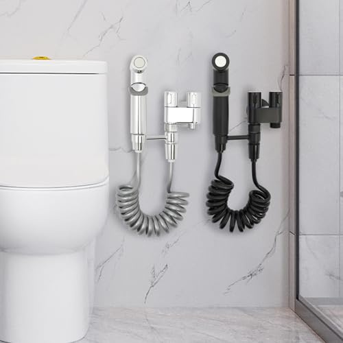 Kit de douchette à main pour WC, pulvérisateur manuel avec robinet et vanne de commutation, livré avec deux interfaces 1/2 – pour lavabo, salle de bain, cuisine | Noir |
