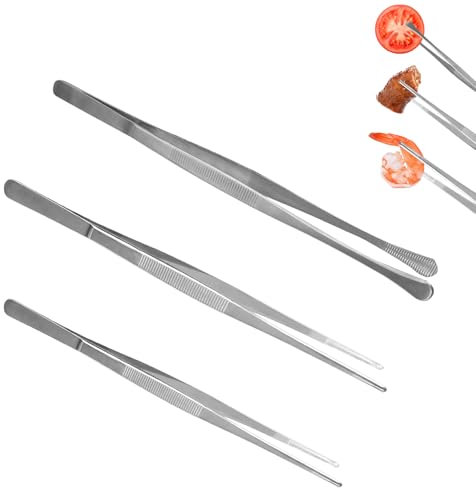 Pinze da Cucina 3 Pezzi Pinzette da Cucina in Acciaio Inox Pinze da Cucina Professionali Barbecue Pinzette da Cucina Pinza da Cucina, Pinza Chef per Cucina e Tenere il Cibo (Argento, 25 & 30 cm)