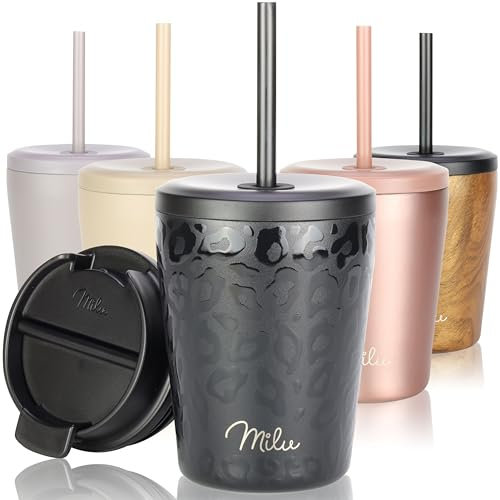 Milu Thermobecher 300ml - 100% Auslaufsicher - Edelstahl Kaffeebecher to go isoliert mit Strohhalm hält 10h heiß / 20h kalt, BPA-frei (Black Leopard, 300ml)