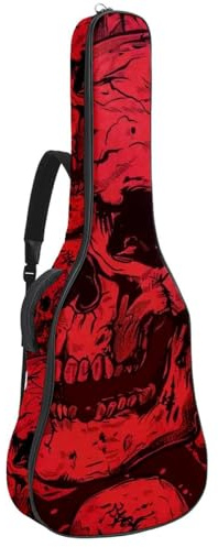 Gitarrentasche für Akustikgitarre mit zwei Taschen, roter Kunstschädel wasserabweisend, doppelt verstellbarer Schultergurt, Gitarrentasche, Roter Kunst-Totenkopf, 42.9x16.9x4.7 in, Stilvoll