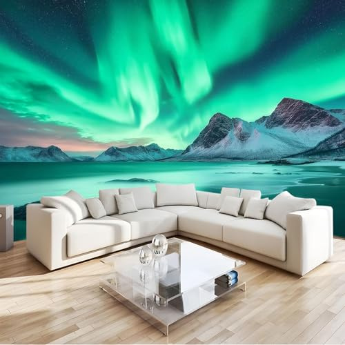 Wall Mural Photo Wallpaper, Nature Mountains Northern Lights Non-woven 3D Photo Wallpaper, Green Sofa TV Living Room Background Wallpaper Mural, 250 x 175 cm Wall Decoration Art Wall Sticker Wallpaper