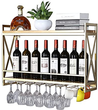Wandmontiertes Weinregal mit Glashalter, modernes Weinregal für Champagnerflaschen, Weinschrank aus Holz und Metall, 80 x 20 x 52 cm