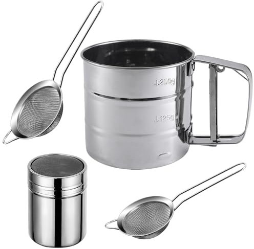 QUOTRE Mehlsieb Puderzuckerstreuer Küchensieb,4-Teiliges Set Edelstahl Einhand-Mehlsieb Zuckerpulverstreuer und Feinmaschig Mehlsieb,Backsieb Edelstahl Für Mehl,Reis,Kakaopulver,Teesieb