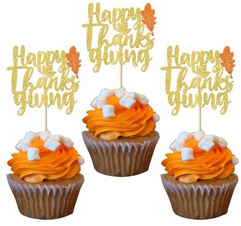 SYKYCTCY 24 Pack Thankful Cupcake Toppers Glitter Thank You Cupcake Picks Thanksgiving Day Cupcake Decorations for Happy Thanksgiving Day Theme Wedding Birthday Party Supplies