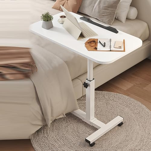 Mesa rodante de altura ajustable con bandeja inclinable, escritorio portátil con ruedas para laptop, cama, sofá, tiras deflectoras individuales, patas blancas, color bianco, ideal para oficina en casa