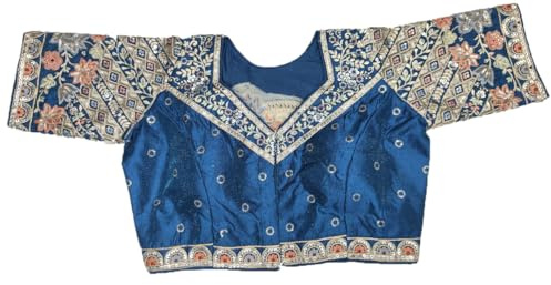 Pujia Mills etnisk blus damer etniskt mönster guldkodning flera broderier hjärtkrage halvärm brud sari kläder nätblus för Lehenga Choli, morpeach, 36