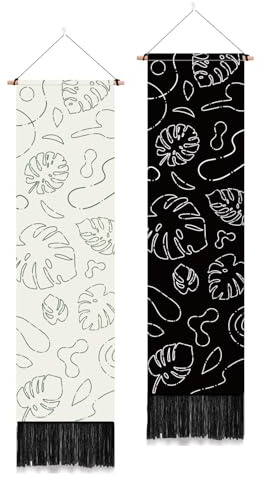 PLIGREAT 2 Pack Monstera Leaf Tapestry Black White Line Art Palm Leaves Wall Hanging Aesthetic Vertical Wall Tapestry for Bedroom Living Room Office Long Narrow Wall Hanging Home Art Decor