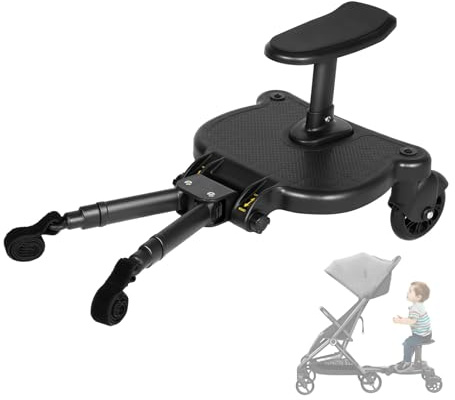 Universal Buggy Board with Seat, 2 in 1 Kiddy Board with Removable Seat & 2 Wheels, Adjustment Pram Standing Board for Baby Carriages, for 3-7 Years Old, Load 25 KG, Black