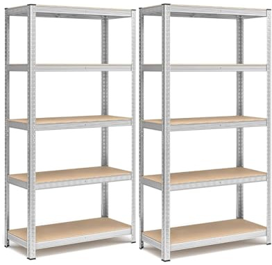 A.M.C. Set di 2 Scaffale in Metallo, Scaffalature a 5 Ripiani Regolabili, Senza Viti, Scaffale Salvaspazio per Garage, Magazzino, Portante 875 kg, 40 x 90 x 180 cm