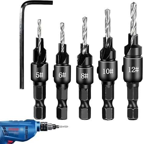 Countersink Drill Bit Set 5pcs, HSS Wood Drill Bits with 1/4 Hex Shank, Adjustable Countersink Bits Kit for Wood, Plastic & Soft Metal, Hex Drill Bit Set for Precise Counterboring