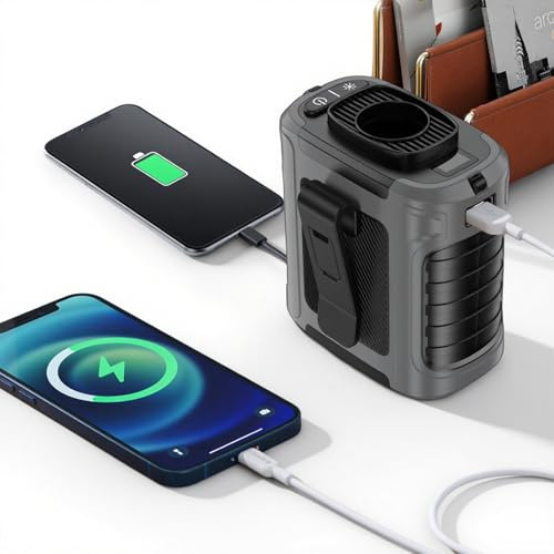 Gemmac Ventilador Portátil para Exteriores 10000mAh con Luces Rojo/Azul y Pantalla LED - 8h Autonomía, 5 Velocidades, IPX4 para Ciclismo Nocturno, Senderismo, Playa (Power Bank, Carga USB-C)