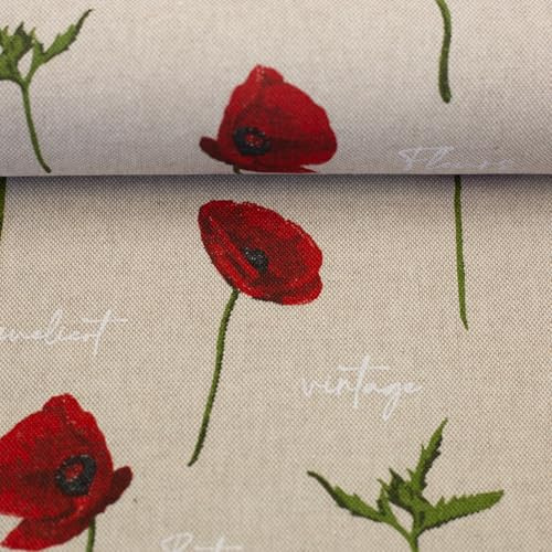 Dekostoff Canvas PETRA Leinenoptik | Mohnblumen, Schrift, rot/beige | Ökotex | Swafing | Meterware | ab 50x140cm