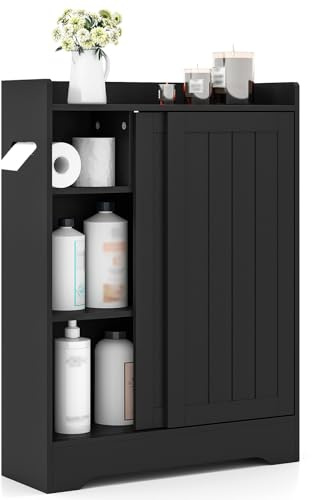 COSTWAY Meuble Salle de Bain, Armoire de Rangement avec 2 Porte-Papier Toilette, Portes Coulissantes, pour Brosse WC, Étagères Réglables, Placard, pour Petits Espaces, 20 x 60 x 80 cm (Noir)