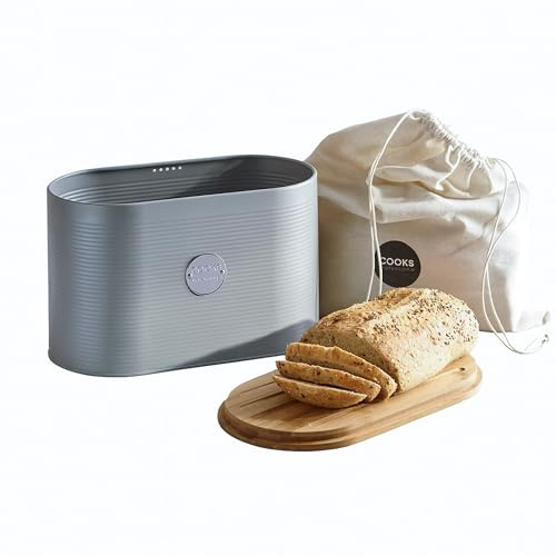 Cooks Professional Ribbed Bread Bin with Linen Bag & 2-in-1 Bamboo Cutting Board Lid | Modern, Stylish & Breathable Countertop Food Storage Canister for Loaves, Rolls, Pastries | Grey & Silver