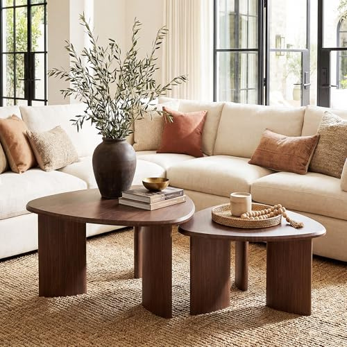 Honyee Nesting Coffee Table Set of 2, Modern Walnut Wood Veneer Coffee Table and Side Table Set for Living Room, Small End Table Set with Flexible Use and Space-Saving Design