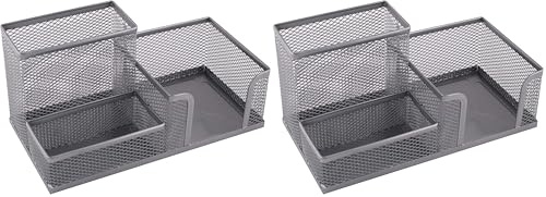 Leviatan Schreibtisch Organizer | Stiftehalter Schreibtisch Stifteköcher Tisch-Organizer aus Metall | Büroablage mit Zettelhalter Mesh | 205x103x98mm silberfarben (Packung mit 2)