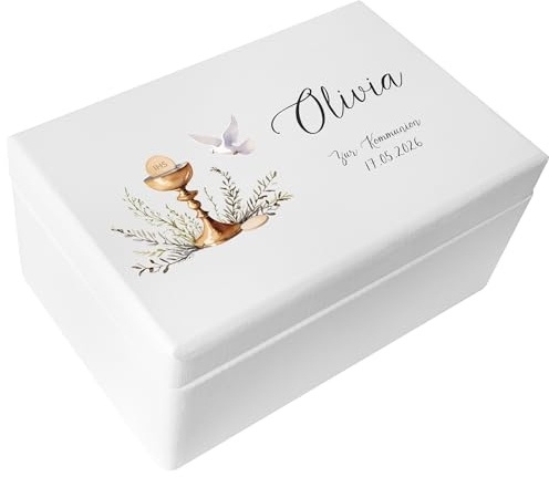 Creative DECO Blanca Caja Regalo Personalizada Primera Comunión de Memoria | Caja de Madera para Niños / Niñas | Personalizado - Cáliz | Impreso | Personalizadas para Niño y Niña | Personalizados