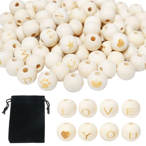 Keboyoe 150 Stück Holzperlen Rund Holzbuchstaben Perlen 14mm mit Alphabet A-Z Natur Holz Buchstabenperlen Runde 4mm Loch Holzperlen zum Auffädeln Herz-Sterne für Armbänder Halsketten DIY Basteln