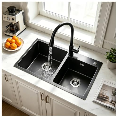 HZKSINNK Fregadero de cocina de 82 x 45 cm, negro de acero inoxidable, grande y doble, 2 cubetas, nano lavabo con kit de desagüe, montaje inferior Drop-In/Topmount, fácil de limpiar