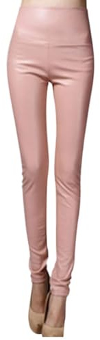 FlutVolt Dam konstläder leggings, läderbyxor, hög midja PU leggings, tights, treggings, fuskleggings, termisk fleece fuskläder vinter latex legging, Rosa, L
