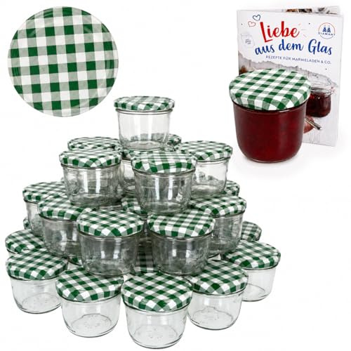 MamboCat 100er Set Sturzglas 230 ml Marmeladenglas Einmachglas Einweckglas To 82 grün karierter Deckel incl. Diamant-Zucker Gelierzauber Rezeptheft
