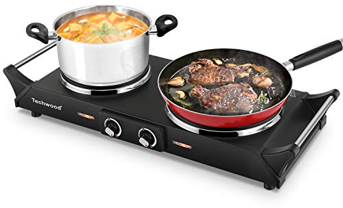 Techwood ES-3203 Hot Plate Electric Double Burner 1800W for Cooking with Adjustable Temperature & Stay Cool Handles, Black Stainless Steel, Compatible for All Cookwares