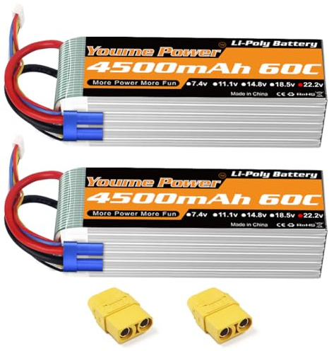 Youme 6S Lipo Batterie 22,2V 4500mAh 60C EC5 für RC Auto Boot Drohne 2Stück | 22,2V Lipo Batterie 6S 4500mAh EC5 und XT90 Stecker für X-Klasse Drohne 70MM 80MM 90MM EDF RC Flugzeug Hubschrauber LKW