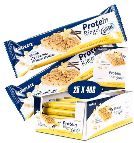 all in® COMPLETE Protein Riegel White Chocolate & Vanilla 25x 40g - Eiweiss Protein Snack mit Weißer Schokolade und Vanille Mahlzeitenersatz Riegel | Fitness Food Food Replacement Fitness Snacks