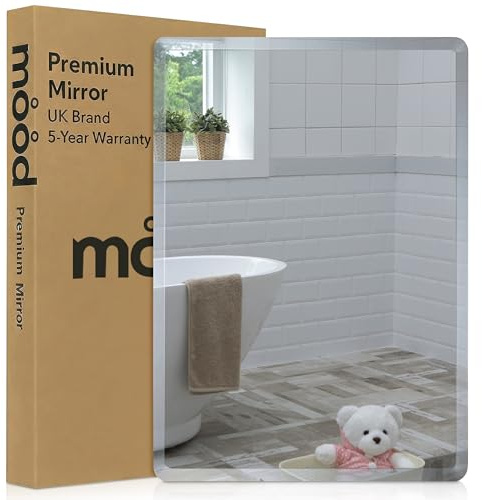 Mood® Premium Rectangular Bathroom Mirror, Anti-Rust Wall Mounted Bevelled Frameless Mirrors, Hangs Both Ways, Toilet Bedroom Hallway, (70cm x 50cm)