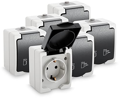 Greate 6x Aufputz Steckdose 1fach für Feuchtraum - Mit Klappdeckel IP44, 250V, 16A, 2-Polig - Aufputzdose Außenbereich, Außen Steckdose