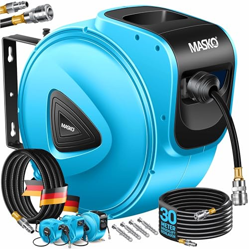 MASKO® Automatik Druckluftschlauch Aufroller 30m – Schlauchtrommel mit 1/4 Anschluss, Schlauchaufroller, Wandhalterung, Tragegriff, 180° schwenkbar, Schlauchbremse, vormontiert & sofort einsatzbereit