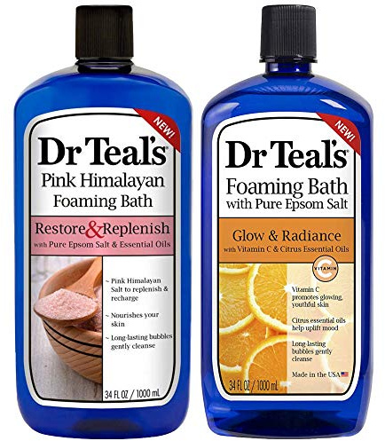 Dr. Teal's Pure Epsom Salt Foaming Bath Gift Set (2 Pack, 34 oz ea.) - Restore & Replenish Pink Himalayan and Glow & Radiance with Vitamin C & Citrus Essential Oils - Long Lasting Bubbles Nourish Skin