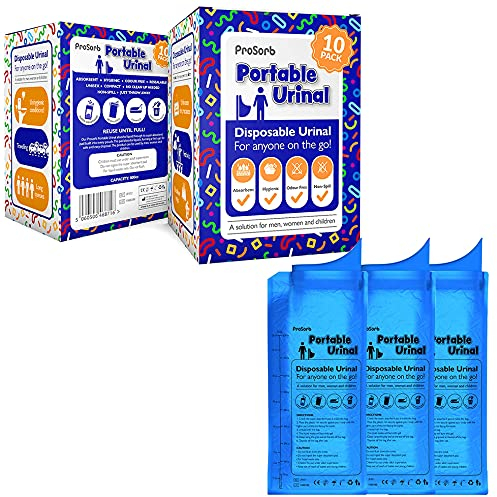 Prosorb Disposable Portable Travel Urinal Toilet Urine Pee Bag with Super Absorbent Pad, Blue - Pack of 10 Bags, Traffic Jam, Camping, Car,
