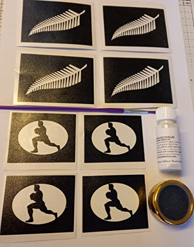 Neuseeland Farn Rugby Glitzer Tattoo Set inkl. 30 Schablonen + Glitzer + Kleber World Cup Internationals All Blacks