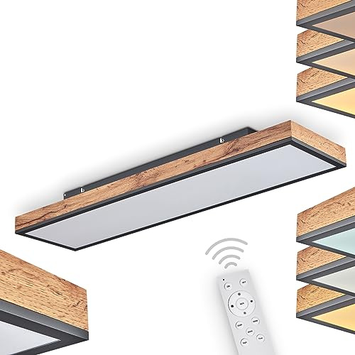 HOFSTEIN LED Deckenleuchte Salmi, aus Metall/MDF in Schwarz/Braun/Holzoptik, 1-flammig, 24 Watt, 150-1500 Lumen, Lichtfarbe 2700-6000 Kelvin, dimmbar über beiliegende Fernbedienung