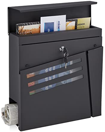 Relaxdays Boîte aux Lettres Porte-journaux, vitres de visualisation, HxLxP : 37x37x11cm, 2 clés, Acier, Moderne, Noir