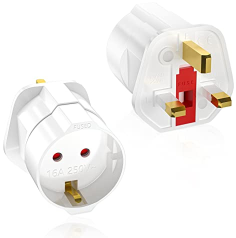 European to UK Plug Adaptor 2 Packs, EU to UK Plug Adapter with 13A Fuse, HITRENDS Plug Adapter 2 Pin to 3 Pin 3250W Max Travel Adaptor Euro to UK for France, Italy, Spain, Germany Euro to UK, White