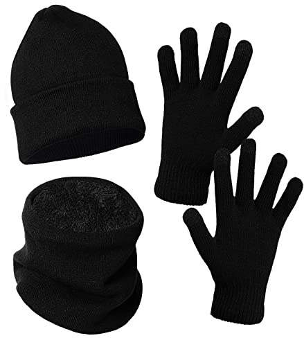 baotongle Invierno Beanie Mütze Schal Touchscreen Handschuhe Set Wintermütze Herren Schal Set mit warm Fleecefutte Strick für Herren und Damen, Negro , Talla única