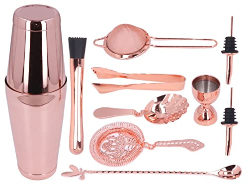 Kit de barman professionnel, 11PCS Cocktail Shaker Set Mélangeur de boissons en acier inoxydable Set Bar Cocktail Outil de mélange pour le ménage(Rose)