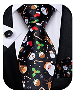 DiBanGu Herren Weihnachts-Krawatten, Seide, bedruckt, festliches Muster, Krawatte, Einstecktuch, Manschettenknöpfe, Set für Weihnachten, Party, Urlaub, Schwarzer Weihnachtsmann, Einheitsgröße