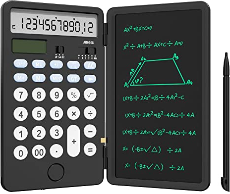 NEWYES Verbesserter Wiederaufladbarer Basisrechner mit Notizblock 6,5 Zoll, Standard-Taschenrechner mit 12 Ziffern, 2-in-1-Funktion, Tragbar für die Schule im Büro (Schwarz)