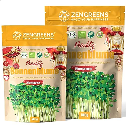 ZenGreens® - Bio Sonnenblumen Samen - Wähle zwischen 10g, 200g und 500g - Sonnenblume mit Keimrate von über 97% - Keimsprossen - Sonnenblumensamen zum Sprossen ziehen - wiederverschließbare Verpackung